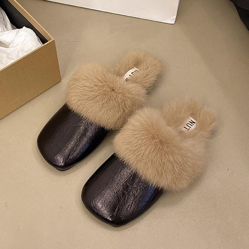 Women's Furry Mules Slippers Casual Outside Wear Flat Bottom Comfortable Baotou Half Slipper Plush Warm Winter New Cotton Slides