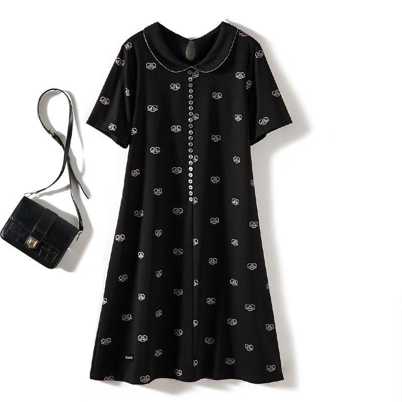 

New Craft Heat Transfer Patch! Elegant Office Commuter Women s Short Sleeve Beads Small Lapel Gold Silk Cotton Wide Feeling Dress Summer Black 2XL