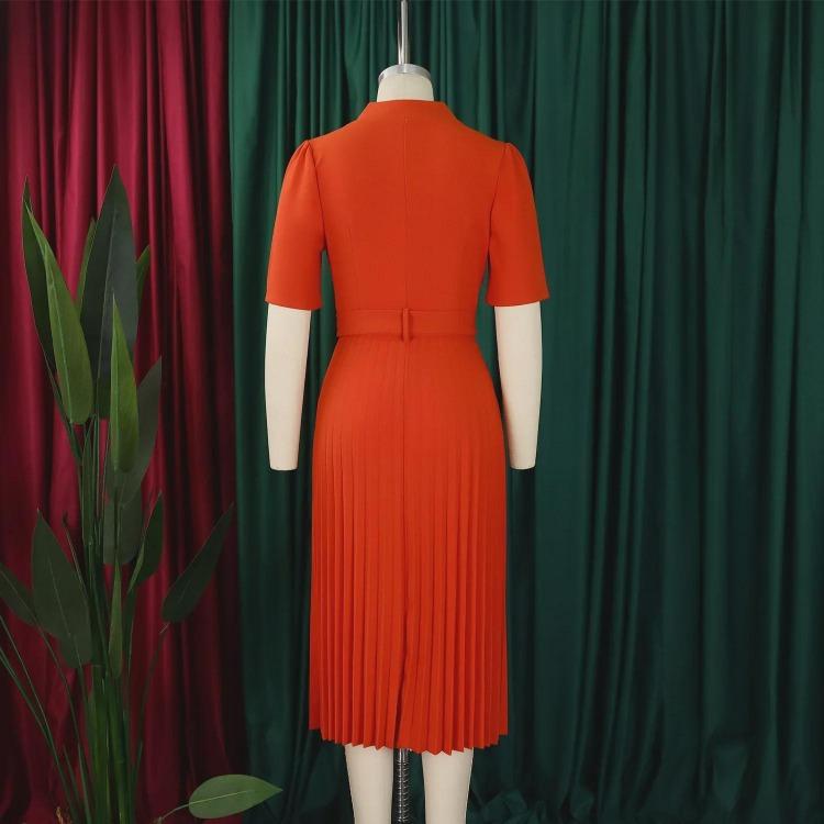 Women Summer Pleated High Waist V Neck Dress