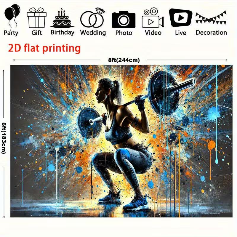 Powerful Fitness Tapestry, Graffiti-Style Female Athlete Performing a Squat with Bold Blue and Orange Splashes, High-Energy Gym Wall Art