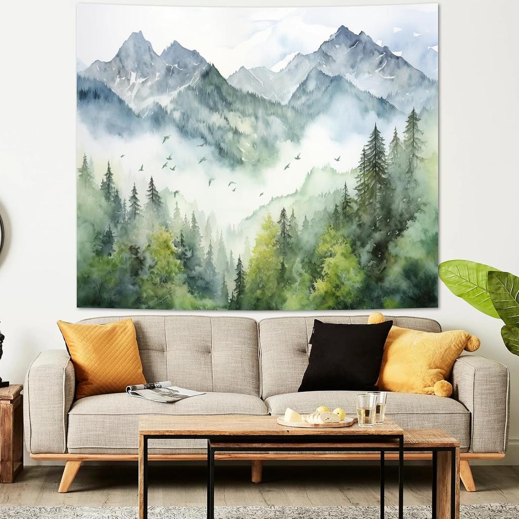Atrippy Forest Nature Tapestry for Bedroom, Green Misty Foggy Mountain Sage Trees Wall Tapestry