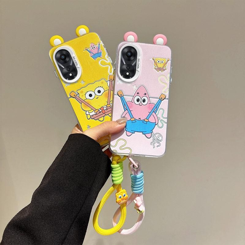 KEYSION Cute Ear Cartoon Case for OPPO A58 4G A38 A18 with Lanyard Soft Silicone+PC Shockproof Phone Back Cover for OPPO A17 A17K