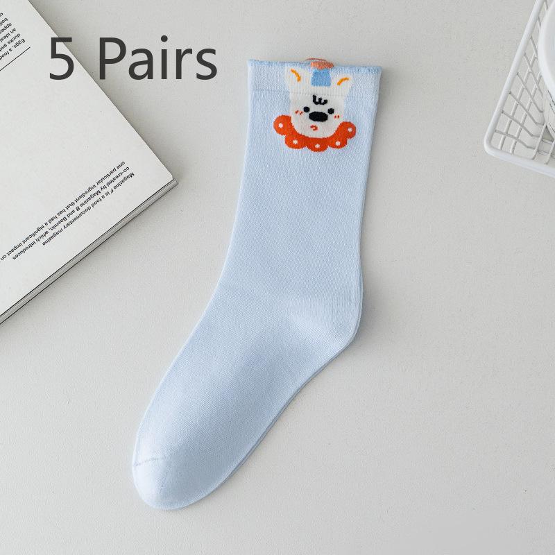 5 Pairs of Female Spring and Summer Cute All Match Cartoon Animal Tube Socks