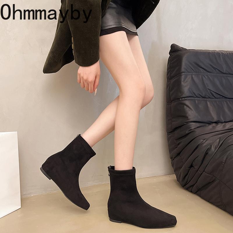 Autumn Suede Internal Elevation Women Ankle Boots Comfort Square Toe Shoes Modern Short Botas Para Mujer