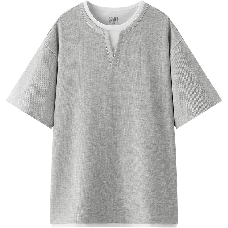 Semir Men's Waffle Knit Color Block Faux Layer Short Sleeve T-Shirt