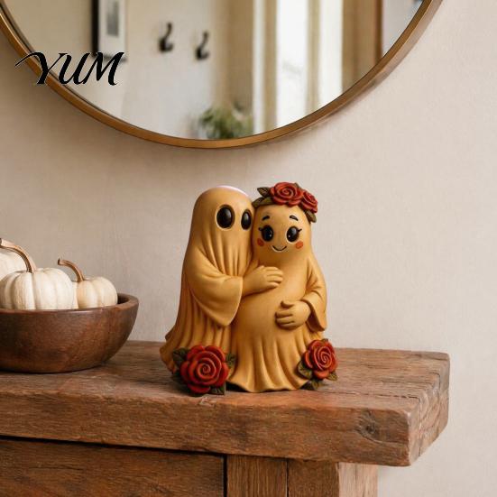 Small Autumn Pumpkin Crafts Spooky Halloween Figurine, Resin Scary Ghost Tabletop Decoration Table Centerpieces for Tiered Tray, Shelf, Mantel,