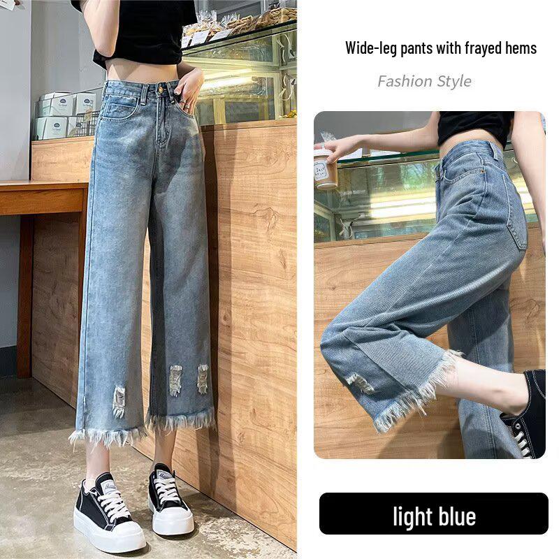 

High-Waist Plus Size Tassel Ripped Straight Leg Jeans for Women - Slimming Versatile Cropped Wide-Leg Pants for Spring/Summer. XS світло-синій колір