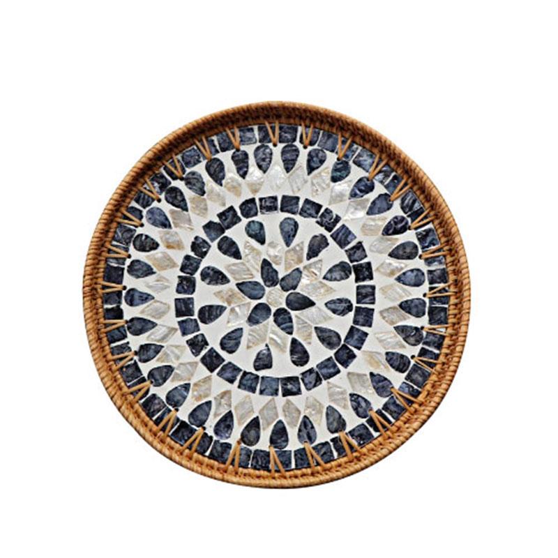 

Hand Woven Mosaic Tray Decorative Round Rattan Serving With Mother Of Pearl Inlay For Snacks Dried Fruit Plate Home Ornamen 917 синий