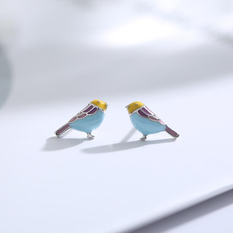 Real 925 Silver Colored Enamel Bird Mini Stud Earrings For Women Classic Animal Fine Jewelry Light Accessories