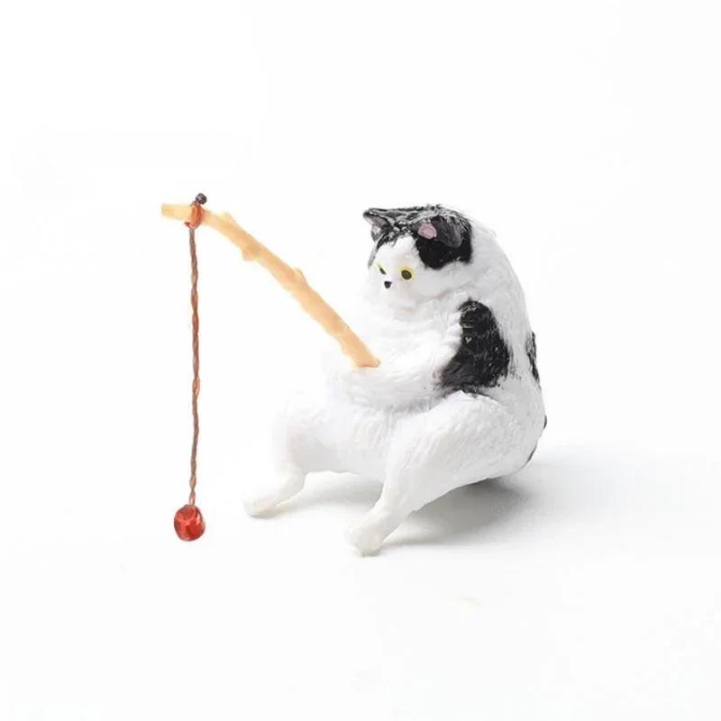 Ozdoby kočky rybářské Akvarijní dekorace Rybí krajina Kreslená soška kočky Mini pryskyřičná figurka Domácí dekorace Miniatury