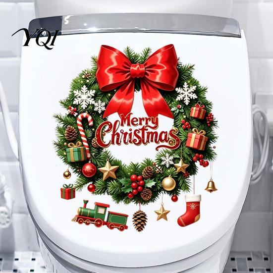 Holiday Seasonal Restroom Decor Christmas Wreath Toilet Decal, Merry Bow Seat Sticker, Easy Apply Tank Decals Waterproof Lid Decals, Self-Adhesive