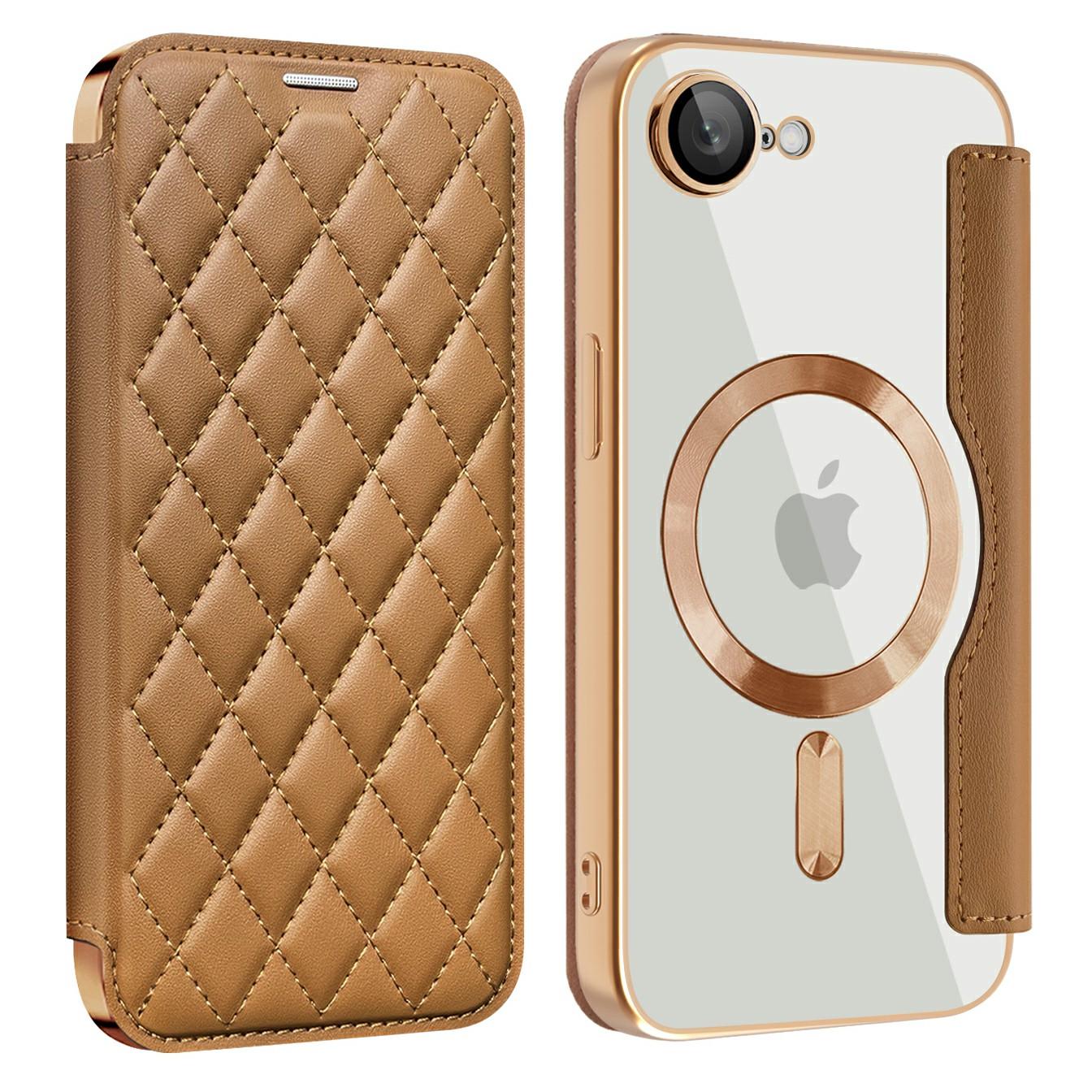 

For iPhone 16e Case Compatible with MagSafe Rhombus PU Leather Phone Cover Brown