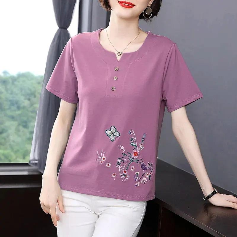 Pure Cotton Short-sleeved T-shirt Summer Loose Mother's Wear Embroidered Body Shirt Bottoming Shirt for Women