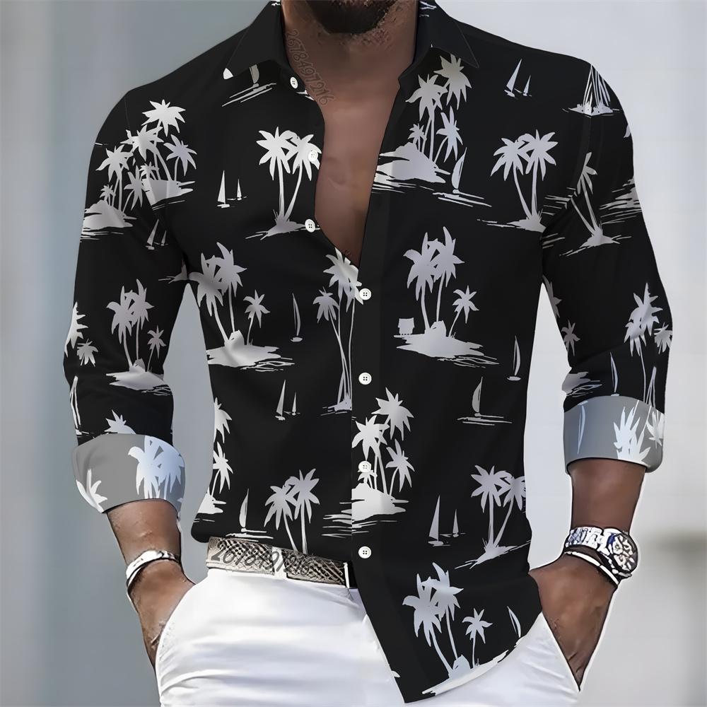 2026 New Men s Coconut Tree Print Long-Sleeve Shirt, 21 Colors, Hawaiian Casual Vacation Style, Comfortable Men s Lapel Cardigan S