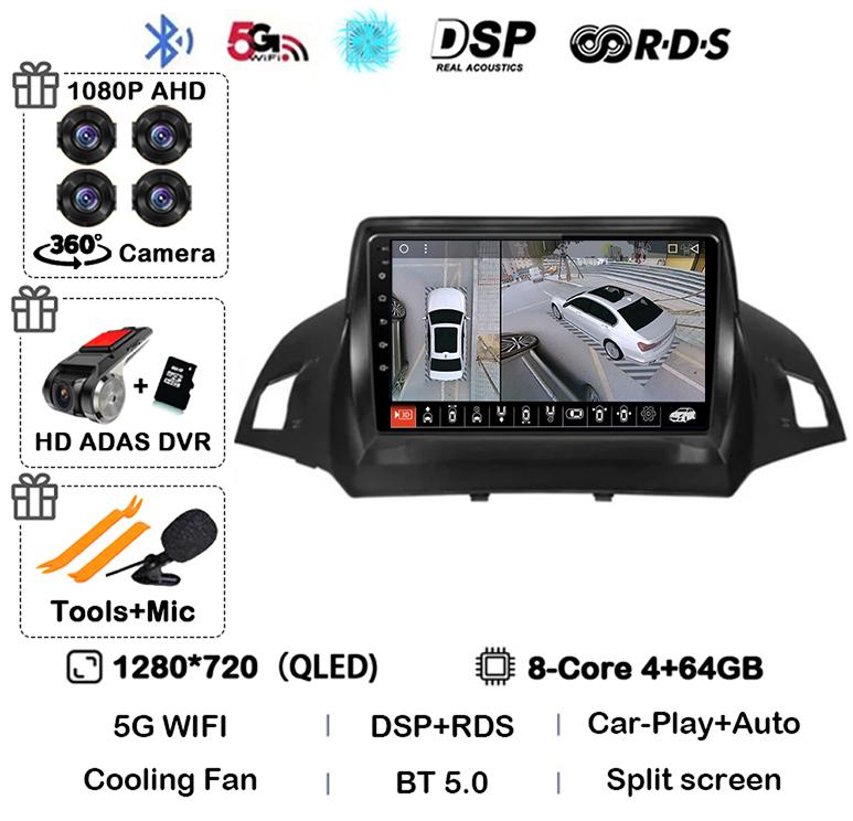 Radio multimedia con Android 14 y Carplay para Ford Kuga Escape 2013, 2014, 2015 y 2016, reproductor de vídeo, GPS, estéreo, 4G, WIFI, unidad principal