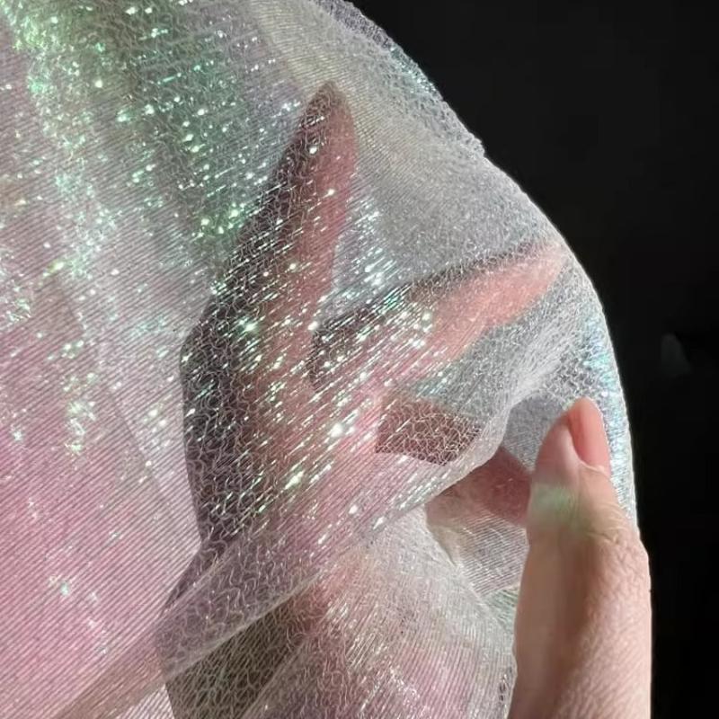 100/300/500cm Blue Mermaid Rainbow Elastic Laser Pleats Gradient Illusion Organza Dress DIY Fabric Designer Fabric