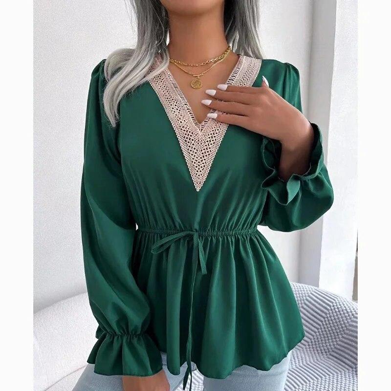 Herbst Vintage V-ausschnitt Spitze Frauen Hemd Lässig Feste Flare Hülse Tops Büro Damen Dünne Spitze-up Elegante Bluse frau 29594