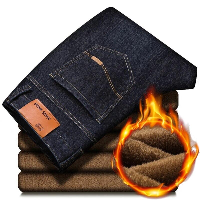 Herren Jeans mit reflektierendem Fleece-Futter - Dickes warmes Futter, Strapazierfähiger Denim & Reflektierende Besätze, Sicher für den Winter-Nacht-Arbeitsweg & Freizeit