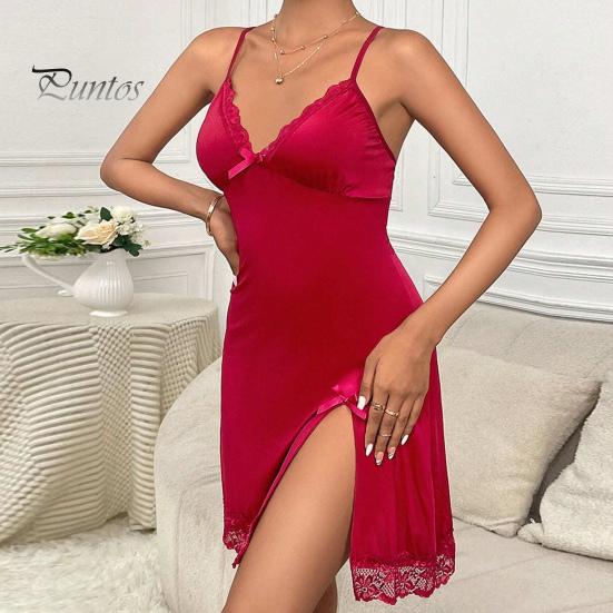 Women Nightdress V Neck Backless Sleeveless Bow Lace Floral Embroidery Nightie Spaghetti Strap Slit Hem Nightgown for Valentines Day Wedding Night