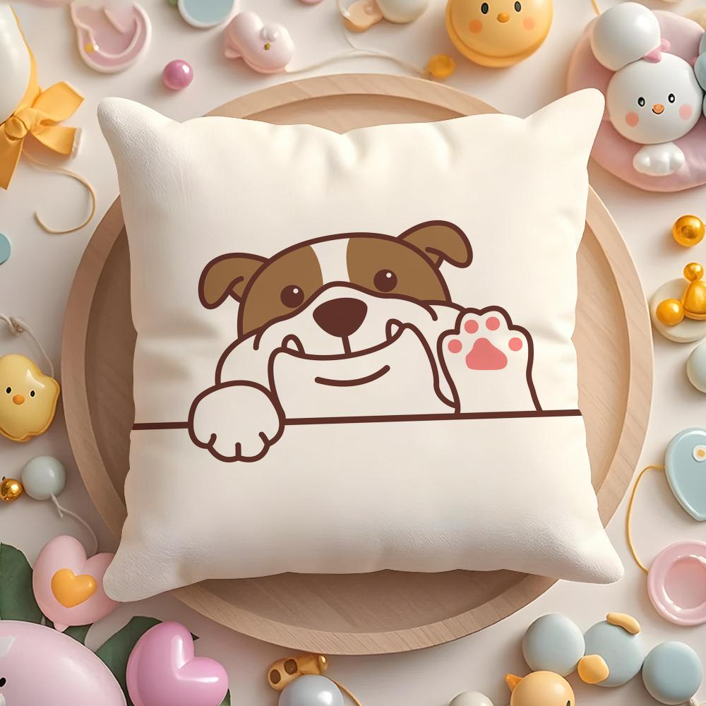 Cushion Cover Cute Dog Waving Paw Plush Fabric Soft Double-Sided Printed Sofa Warm Winter Home Gift Pillow Case