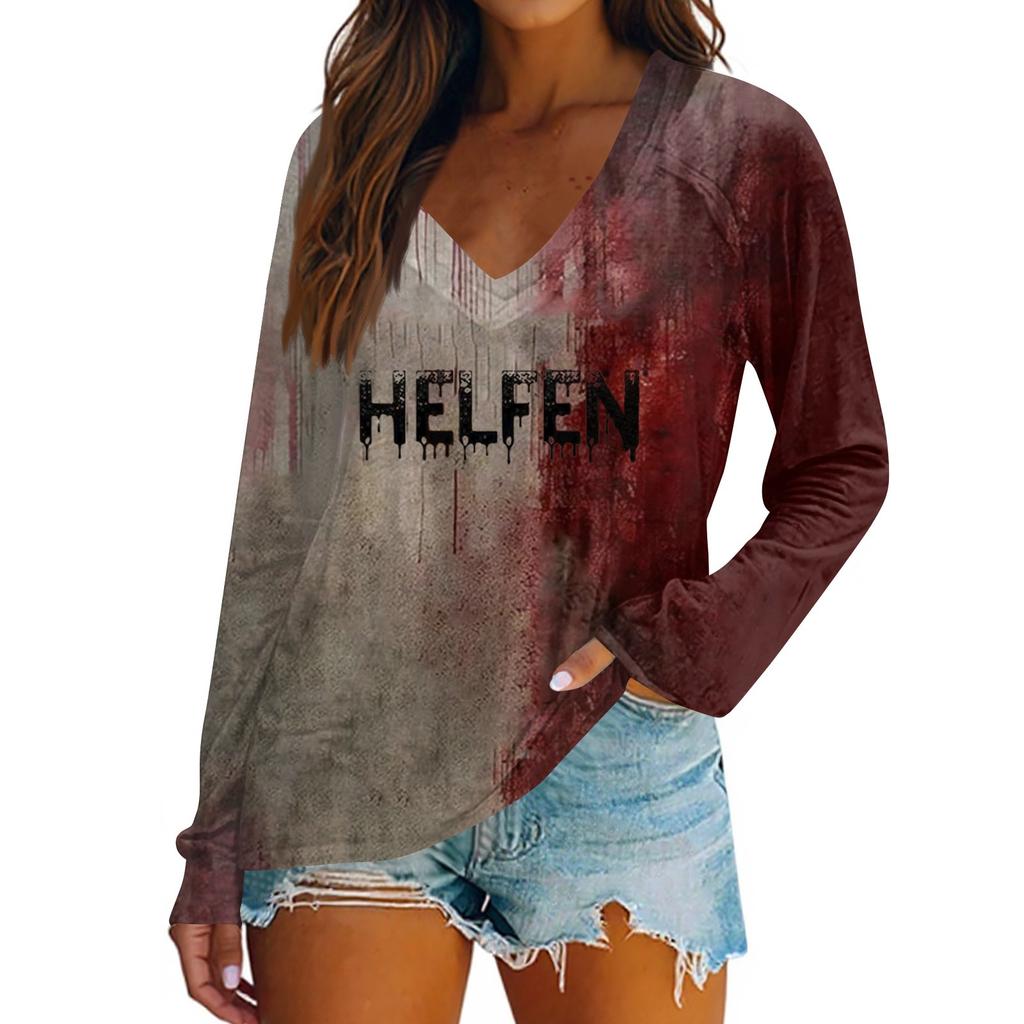 Women's Casual Fashion Snowflake Printed Vintage Casual Print Long Sleeve V-Neck Pullover Top Blouse