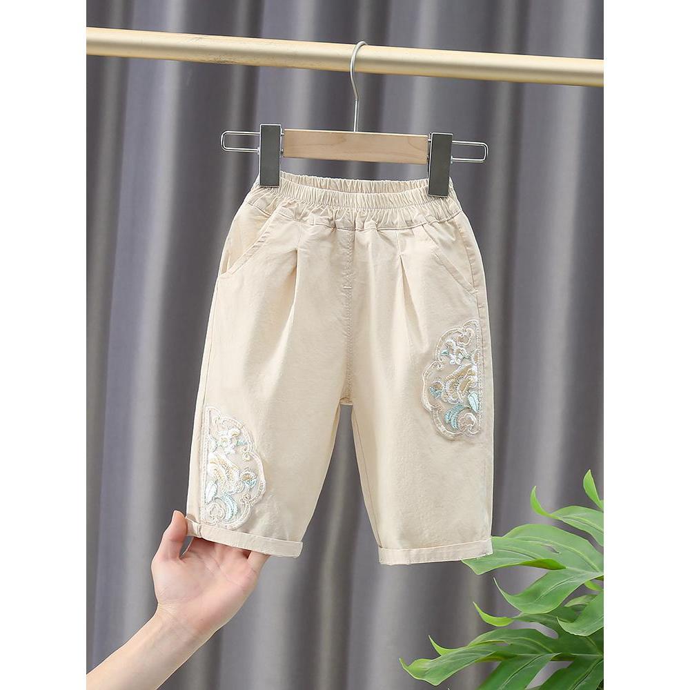 

Укороченные летние брюки для девочек, детские вышитые дышащие тонкие брюки средней длины, летние брюки нового стиля для девочек 140 бежевый