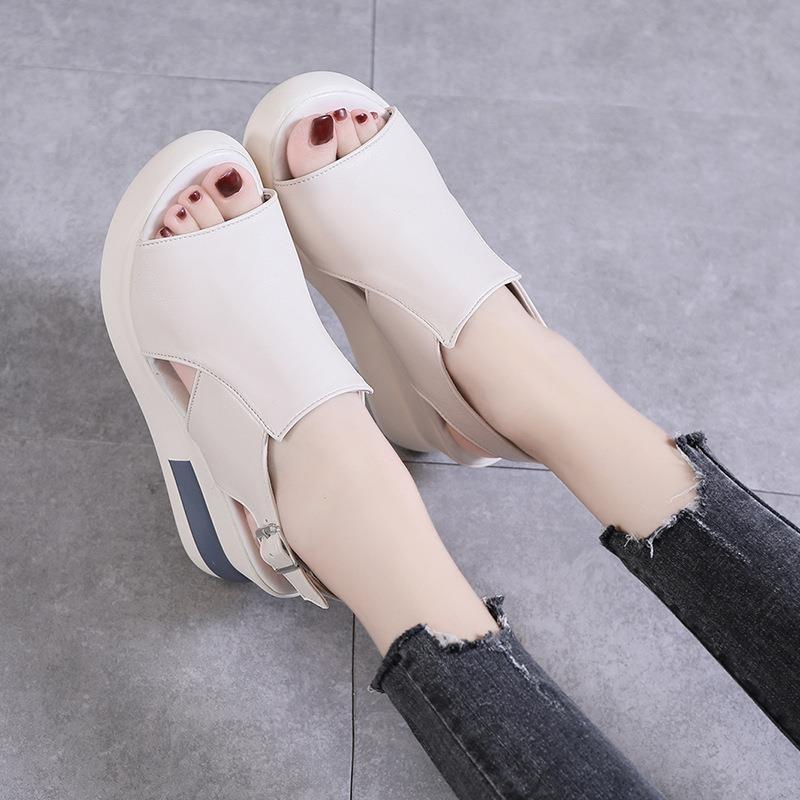 thick-soled wedge sandals women's new summer high-heeled fish-mouth women's shoes soft leather heightening muffin shoes