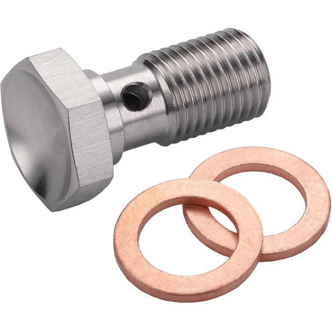 M10x1.0 Metric Stainless Steel Single Banjo Bolt Brake Fitting Adapter 20mm Long with Copper Washers