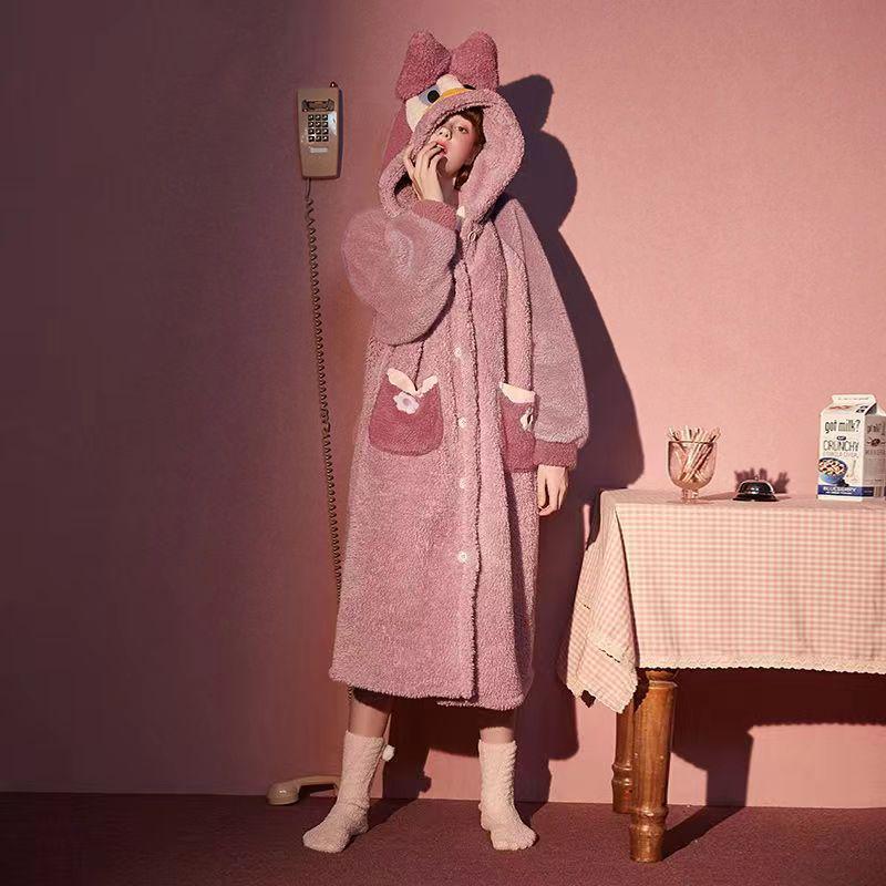 Women's Coral Fleece Hooded Pajama Set - Cute Cartoon Nightgown for Autumn/Winter