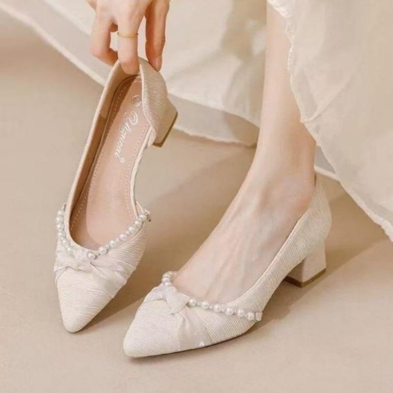 

Модные одинарные туфли с жемчугом с мелким вырезом, женские новые модные туфли на остром квадратном каблуке, женские элегантные туфли на высоком каблуке 39