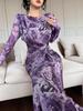 2025 Summer European & American U-Neck Long Sleeve Patchwork Slim Fit Printed Women's Dress