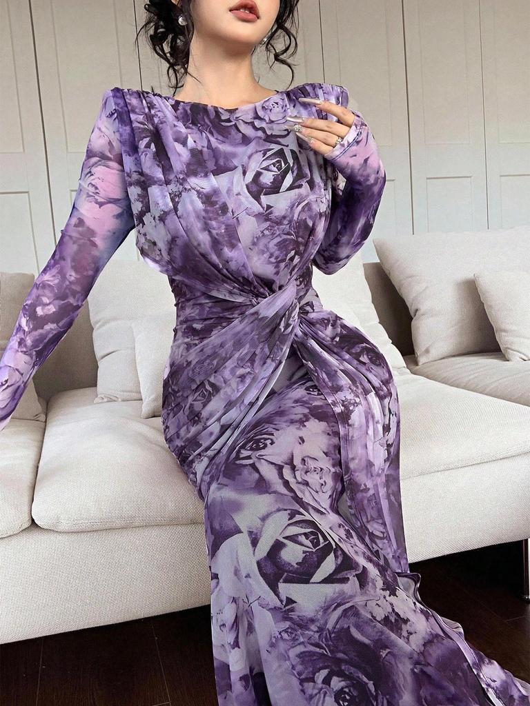 2025 Summer European & American U-Neck Long Sleeve Patchwork Slim Fit Printed Women's Dress