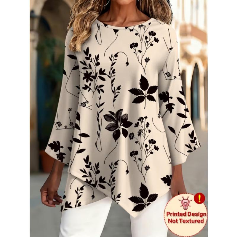 Women's fashionable printed round-neck T-shirt, with asymmetrical cross-over hem design, machine washable