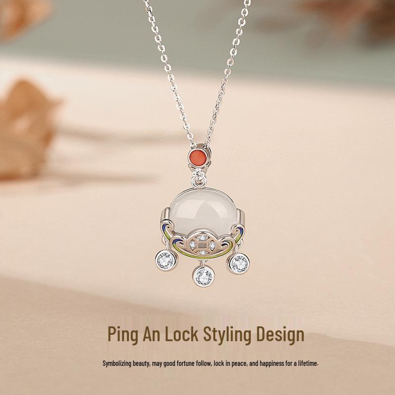 Tichiya White Chalcedony Ping an Lock Necklace for Women - S925 Sterling Silver, Chinese Style, Light Luxury Ruyi Design 925 Sterling Silver