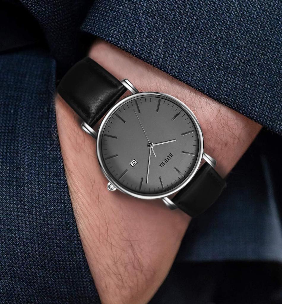 Leather Strap Brand Popular Date Silver Slim Design [BUREI] Men's Watch, Name, Simple, Waterproof, Analog, Business, Men's Wristwatch, Display,
