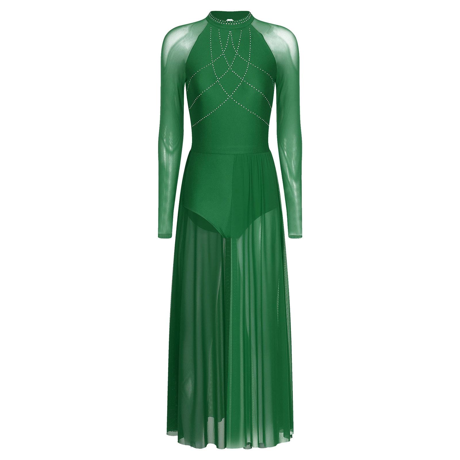 

Жіноча блискуча танцювальна сукня з довгими рукавами та блискітками у формі замкової щілини на спині, прозора сітка, купальник з хвилястою спідницею для балетних концертів S зелений