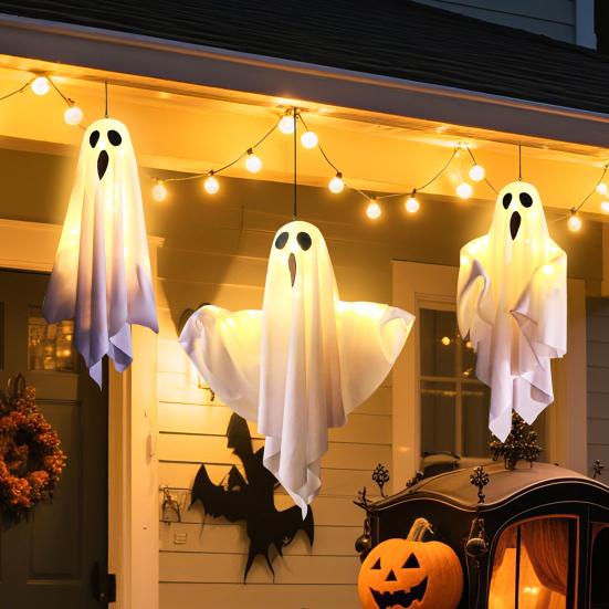 3 Pcs Halloween Hanging Ghosts 19.6" LED Light Up Outdoor Flying White Ghost for Front Yard Patio Lawn Garden Party Decor