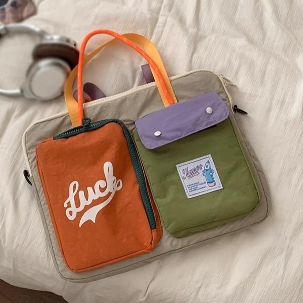 

Fashion Contrast Color Computer Bag Canvas Multi-pockets Tote Laptop Bag Portable Large Capacity Travel Bag