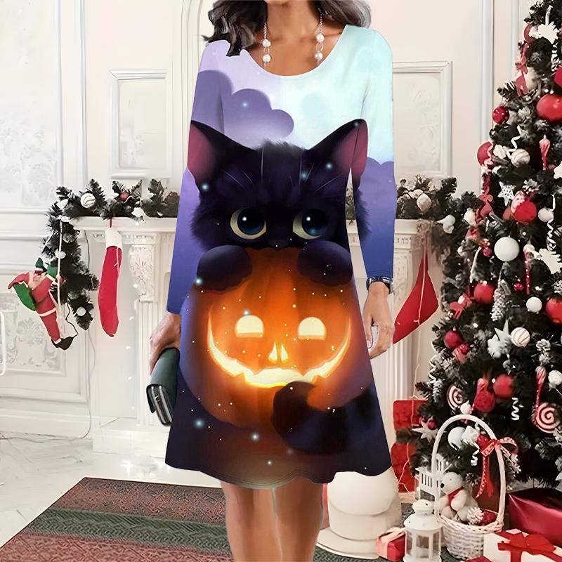 

2025 Осень и Зима Новое Повседневное Женское Платье с Круглым Вырезом 3D Хэллоуинский Узор Идеальный Подарок на Хэллоуин Рождество 2XL темно-синий