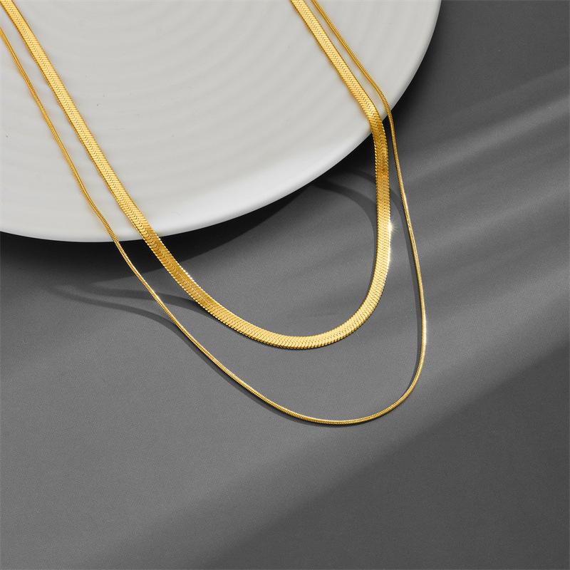 European  American Versatile Titanium Steel Double Layer Necklace: Round  Flat Blade Snake Bone Chain for Women