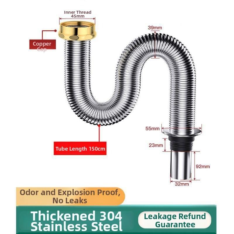 Kitchen Sink Drain Pipe Stainless Steel 304, 40 Cm Length, Leak-Proof And Odor-Blocking, Easy Installation, For Home-Use