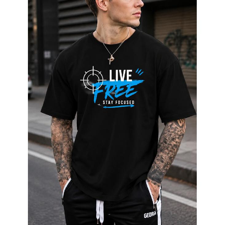 Men s Relaxed Fit Short Sleeve Crew Neck Cotton Tee with Bold Graphic Print Live Free Stay Focused Urban Streetwear Casual Daily Wear S чёрный