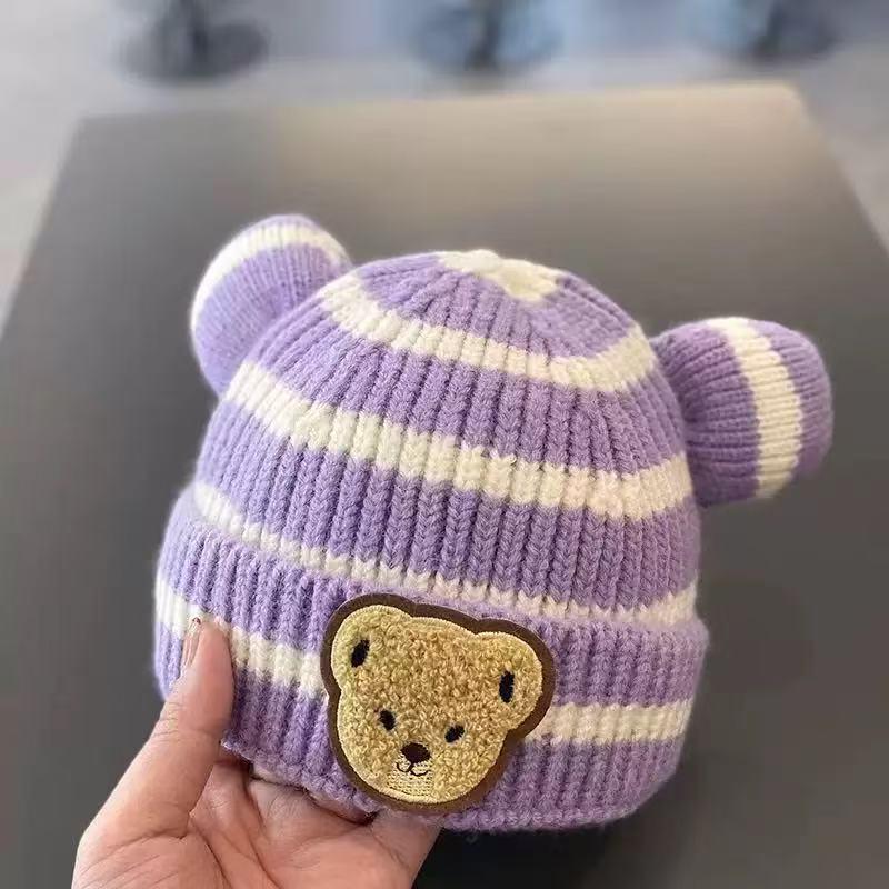 Trendige Koreanische Wollmütze mit Bommel für Babys & Kleinkinder - Herbst & Winter Bärenohren-Schutz-Design