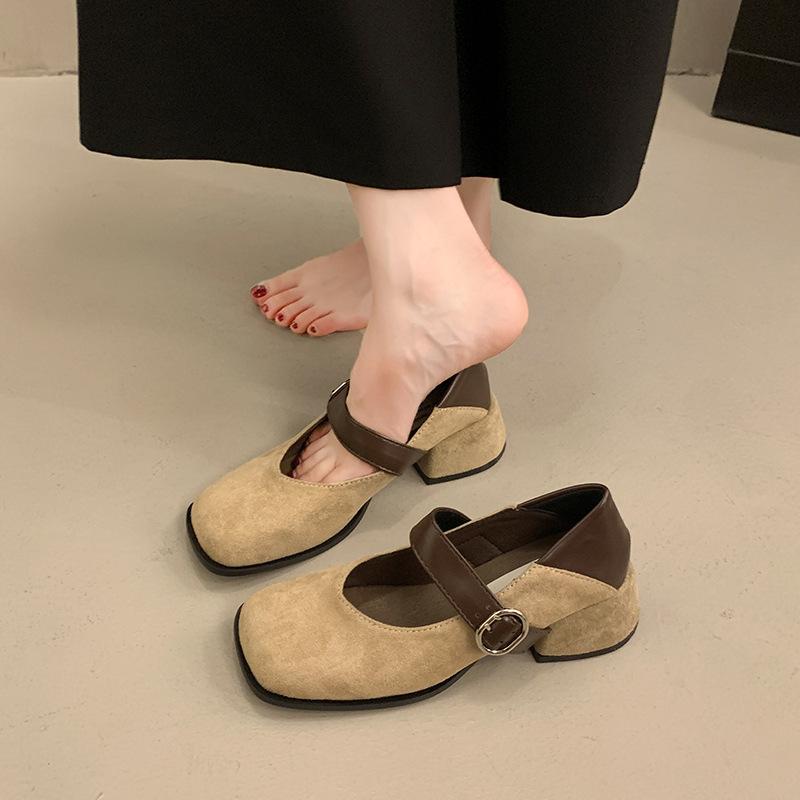 French Retro Leopard Print Thick Heel Single Shoes Women's 2025 Autumn New One-word Buckle Mary Jane Doudou Shoes with Skirt Batch