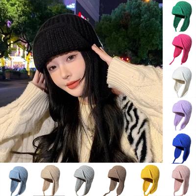 Women Knitted Hat Earflap Beanie Super Soft Solid Color Thickened Windproof Cold Weather Fashion Knitted Cap