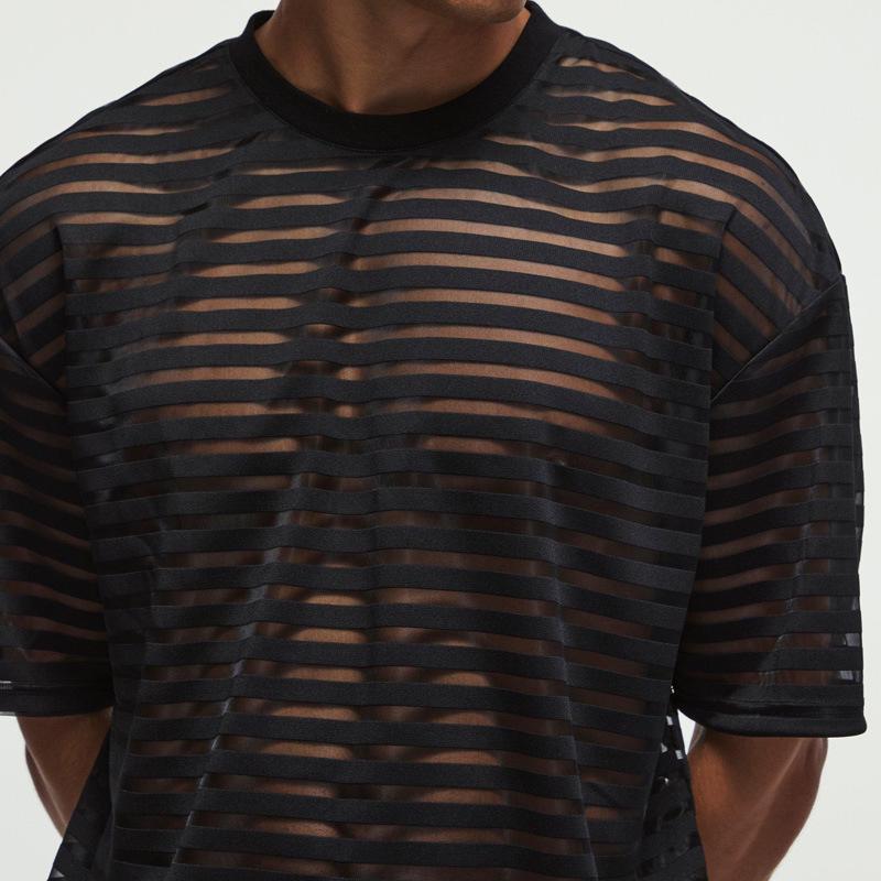 In Stock! Men's Hot Selling Horizontal Stripe See-Through Short Sleeve Loose Party Wear T-Shirt.