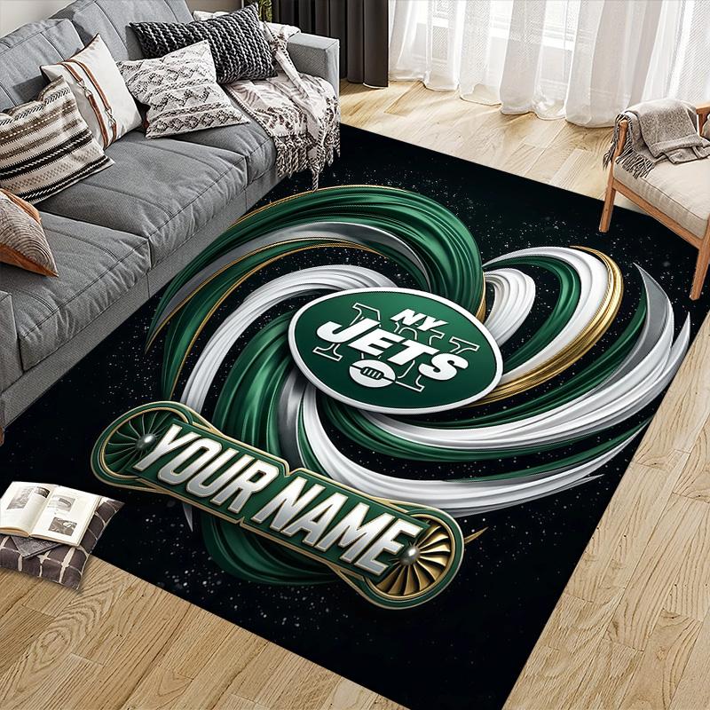 Custom Name New York Jets Flannel Pattern Square Carpet,Area Rug,Carpet Rug for Living Room Bedroom Sofa Playroom Decor,Non-slip Floor Mat