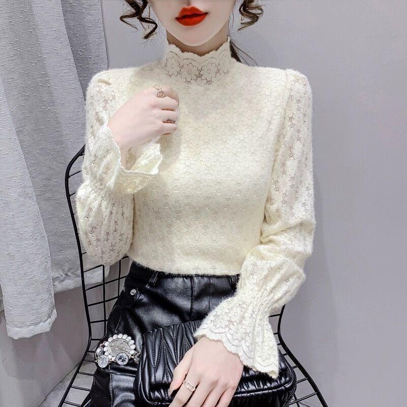 A Semi-high-necked Lace T-shirt As A Base Layer for Women In Autumn and Winter, Paired with A Small Shirt and Long-sleeved Top