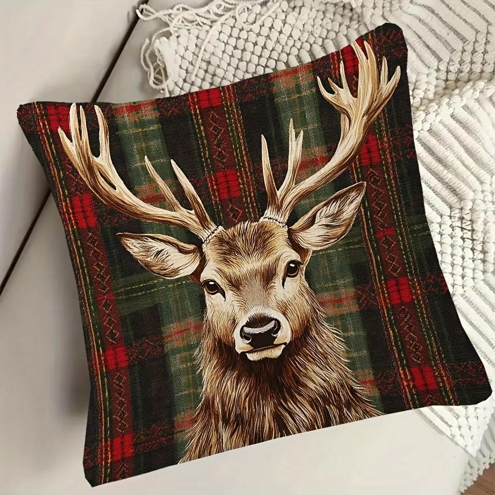 1 Stück Vintage karierter Hirsch Kissenbezug, Polyester 2D beidseitiger Druck, Feiertagsgeschenk Kissenhülle für Schlafzimmer Sofa