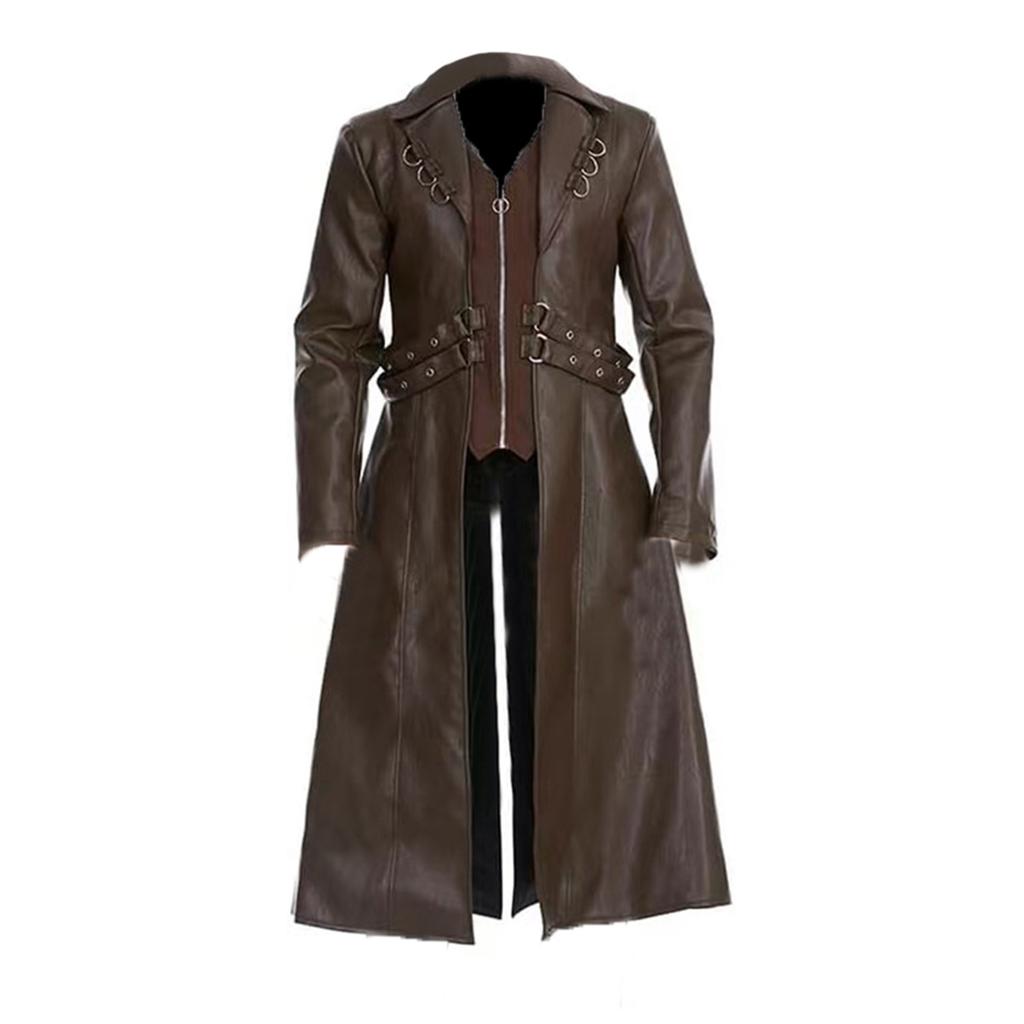 European and American medieval clothing medium and long PU leather trench coat retro role-playing leather jacket